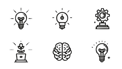 Creativity icon set. Containing images of the brain, neural connections, new ideas, insights, tools and much more. Editable line icons. Vector illustration.