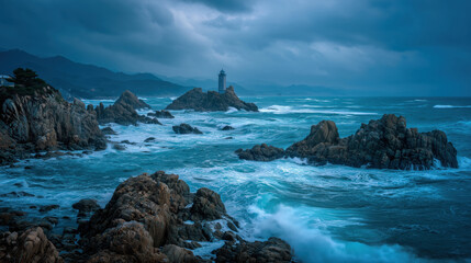 Obraz premium Stormy seascape with lighthouse coastal rocks dramatic atmosphere