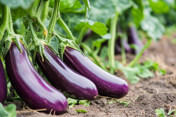 Shiny purple eggplant growing in a lush garden Generative AI