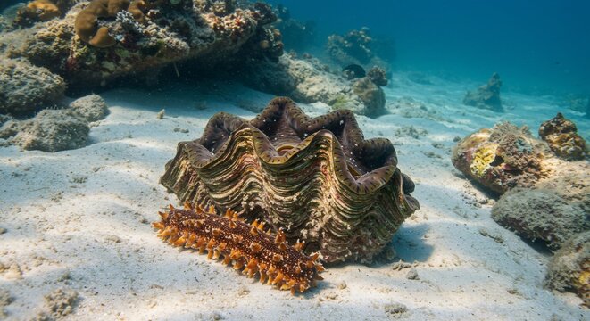 Giant Clam and Spiny Sea Cucumber on Sandy Ocean Floor