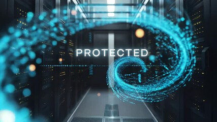Modern data center interior shows digital protection graphic - Powered by Adobe