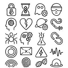 A collection of various icons with different concepts and symbols. These line art icons represent diverse ideas, from security and time to creativity and danger.