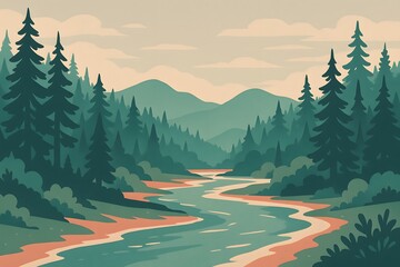 Tranquil River and Forest Landscape Illustration with Mountains and Trees