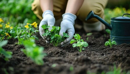 Close-up of hands in white gardening gloves planting small green plants in dark soil. Watering can visible in the background