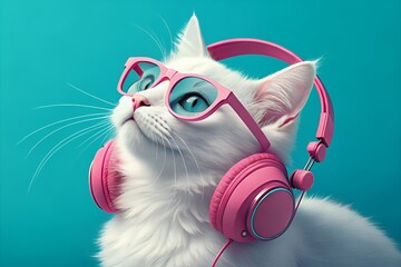 Stylish white cat wearing pink headphones and sunglasses against a teal background