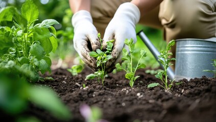 Close-up of hands in white gloves planting young plants in a garden bed.  Soil,  gardening tools,  and healthy greenery surround the planting area