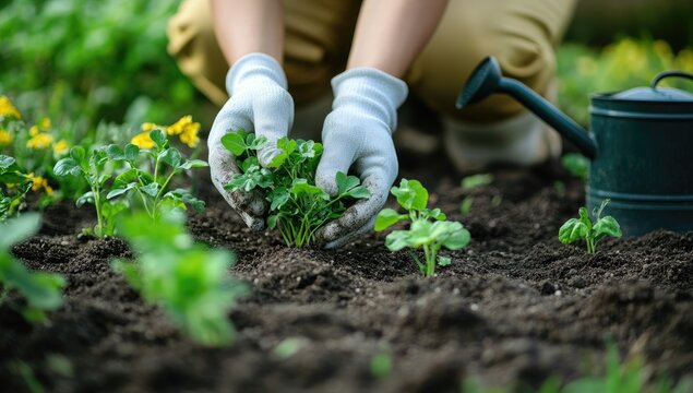 Close-up of hands in white gardening gloves planting small green plants in dark soil. Watering can visible in the background