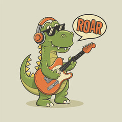 Cool Dinosaur Playing Electric Guitar cartoon