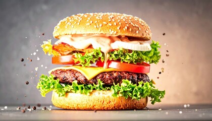 Hamburguesa estilo americano con lechuga, tomate, queso cheddar derretido y pan de sésamo, presentada sobre fondo claro con iluminación natural