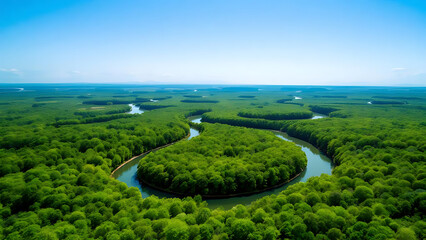 Bright Day Over River Curves in Tropical Jungle