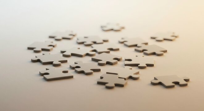 Scattered beige jigsaw puzzle pieces on a light surface, incomplete puzzle concept