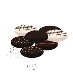 Vector illustration of assorted chocolate cookies with decorative toppings. Perfect for dessert menus, food packaging, and festive confectionery themes.