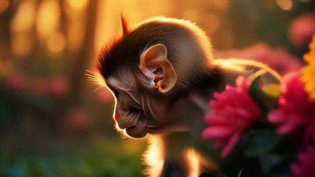 Close up of a baby monkey with flowers in a garden during golden hour light looking at the camera video
