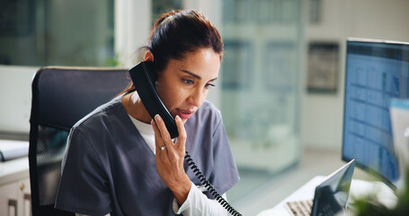 Woman, serious or doctor in hospital for phone call, medical discussion or update patient...