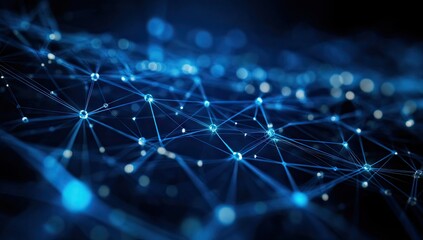 Abstract network of interconnected nodes.  Dark blue background, detailed network of lines and luminous points.  Complex, intricate structure