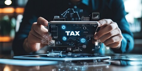 Close-up of hands holding a phone displaying a digital TAX overlay with financial icons