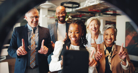 Woman, selfie and business people for smile, team or ring light with finger, live stream and support. Influencer, staff and curator at art gallery for promo video, symbol and dance on social media