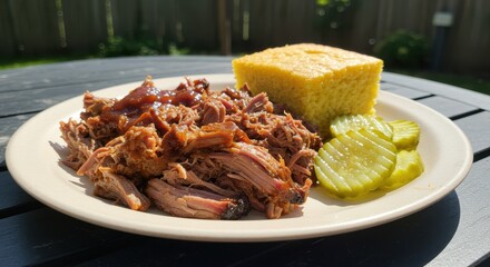 Delicious shredded meat with tangy barbecue sauce served with slices of pickles and cornbread, perfect for a summer outdoor meal presentation