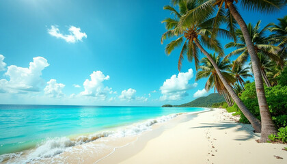 Obraz premium This breathtaking image showcases a pristine tropical beach, with turquoise waters gently lapping at a pristine white sand shore.