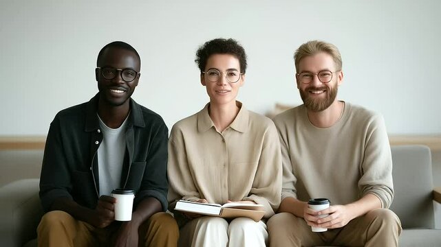 Relaxed team meeting with colleagues discussing ideas on couch