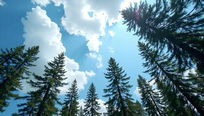 Fototapeta premium An eye-level, low-angle shot of tall pine trees reaching towards a bright, partly cloudy sky.