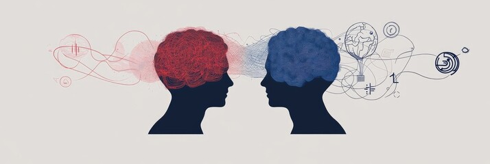 Two profiles, each with a stylized brain in red and blue, surrounded by abstract swirling lines