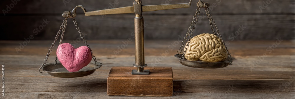 Aufkleber Balance Scale Displaying Heart and Brain Symbols Representing Emotion and Logic in a Thoughtful Juxtaposition on a Rustic Wooden Background