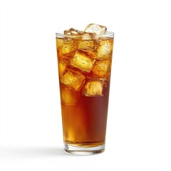 Tall glass of brown soda with ice cubes