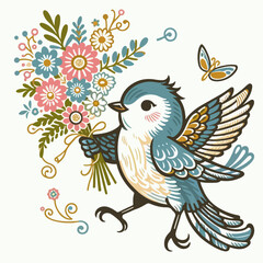 illustration of a bird carrying flowers