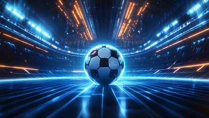 Fototapeta premium Futuristic Soccer Ball on a Neon Lit Digital Background AI Generated