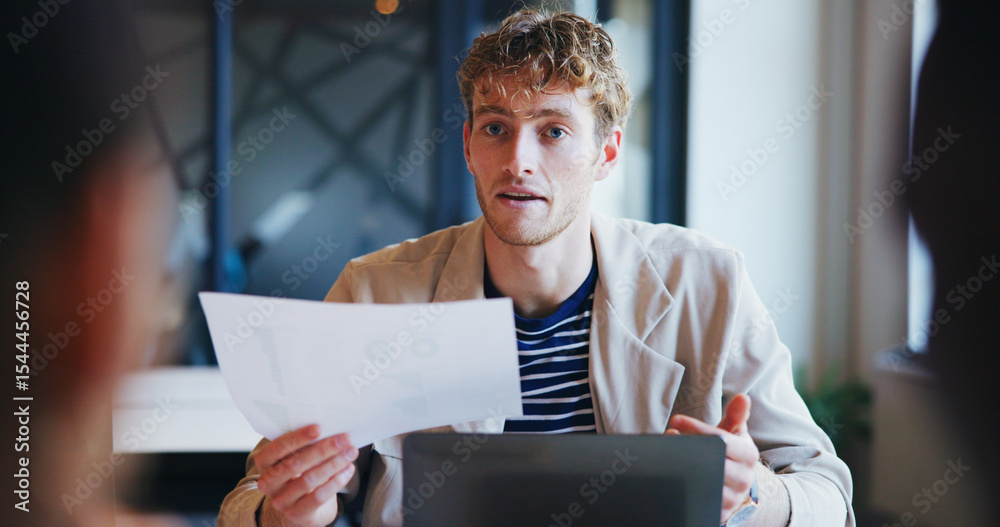 Poster documents, interview and laptop with business man in meeting for hiring or recruitment process. comp