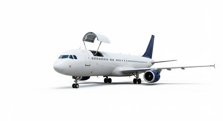 Obraz premium 白い旅客機 上部ハッチ開放 鮮明な描写 滑走路準備完了. AI Generated