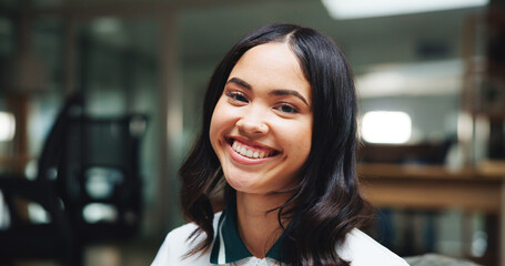 Happy, student and portrait of woman on campus for studying, college degree and future. Happiness, scholarship opportunity and University with person in lounge for relax, growth and knowledge