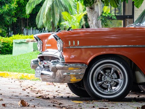 Chevrolet Bel Air 1957 vintage car in streets of Varadero, Cuba, detail on frontal part