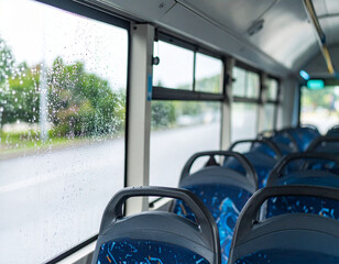 from inside the bus, up close the bus windows are fogged up