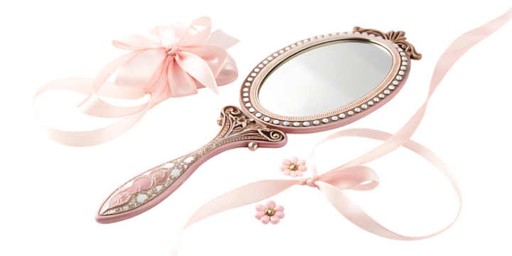 Elegant Pink Handheld Mirror with Pearl Accents and Delicate Ribbon
