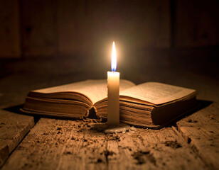 candles and open books on an old wooden table at night
