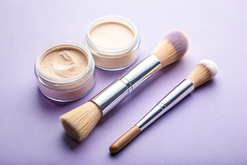Makeup brushes and powder jars are displayed on a purple surface