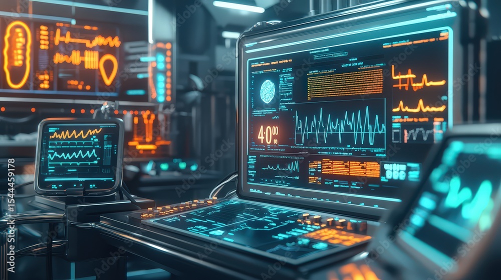 Poster High-tech lab monitoring innovative healthcare analytics and digital data visualizations in a futuristic setting