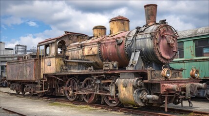 Naklejka premium Restored vintage steam locomotive with weathered textures and rusted details, displayed outdoors on railway tracks beside an old train depot.