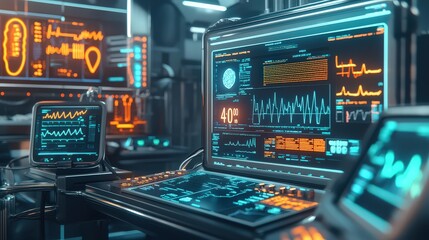 High-tech lab monitoring innovative healthcare analytics and digital data visualizations in a futuristic setting