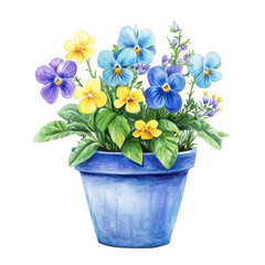 Watercolor pansies in blue pot, floral arrangement, spring flower illustration, botanical art, nature design on transparent background