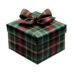 Square present wrapped in tartan paper with a bow on a plain surface isolated on transparent background
