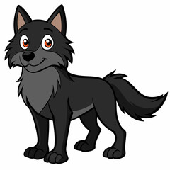 Obraz premium Illustration of a cartoon black wolf standing with a smiling expression and orange eyes on a white background created with generated ai