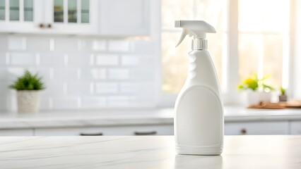Realistic Cleaning Product Mockup White Spray Bottle on Kitchen Counter