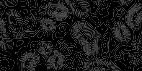 Abstract white on black background with Topographic line map pattern. abstract wavy and curved lines background. linear map. Dark seamless design. Bold tile able isolines pattern. Vector illustration.