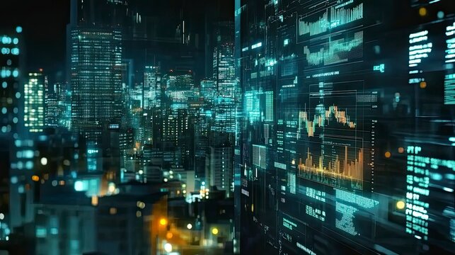 A futuristic cityscape overlaid with digital data