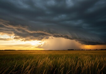 Dramatic storm clouds over golden wheat field at sunset with rain shaft and distant trees