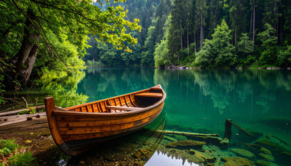 a small boat floating on a blue lake in the middle of the forest