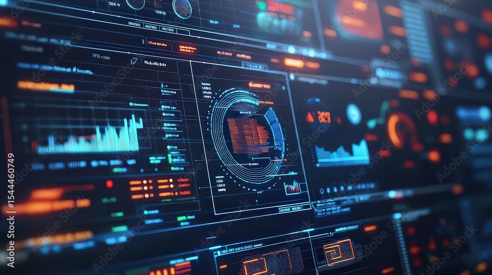 Aufkleber Advanced interactive data visualization dashboard technology hub digital art modern environment high-tech viewpoint